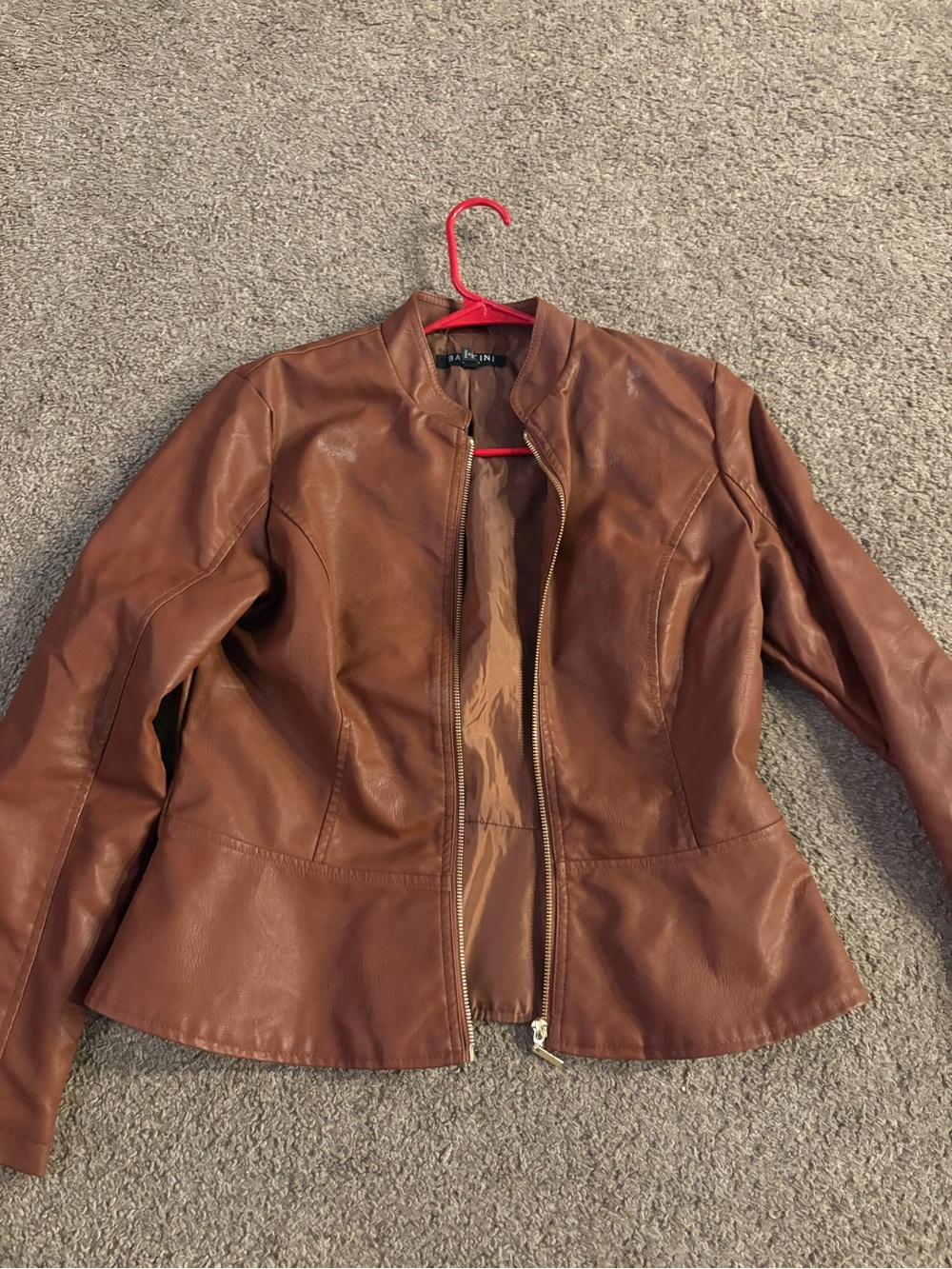 Baccini Cognac Brown Faux Leather Peplum Jacket